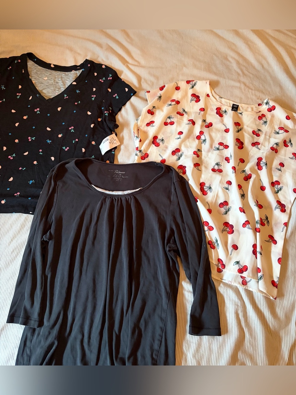 Cherry Print White Blouse, Black Cherry Tee & Black Long Sleeve Top - Bundle XL